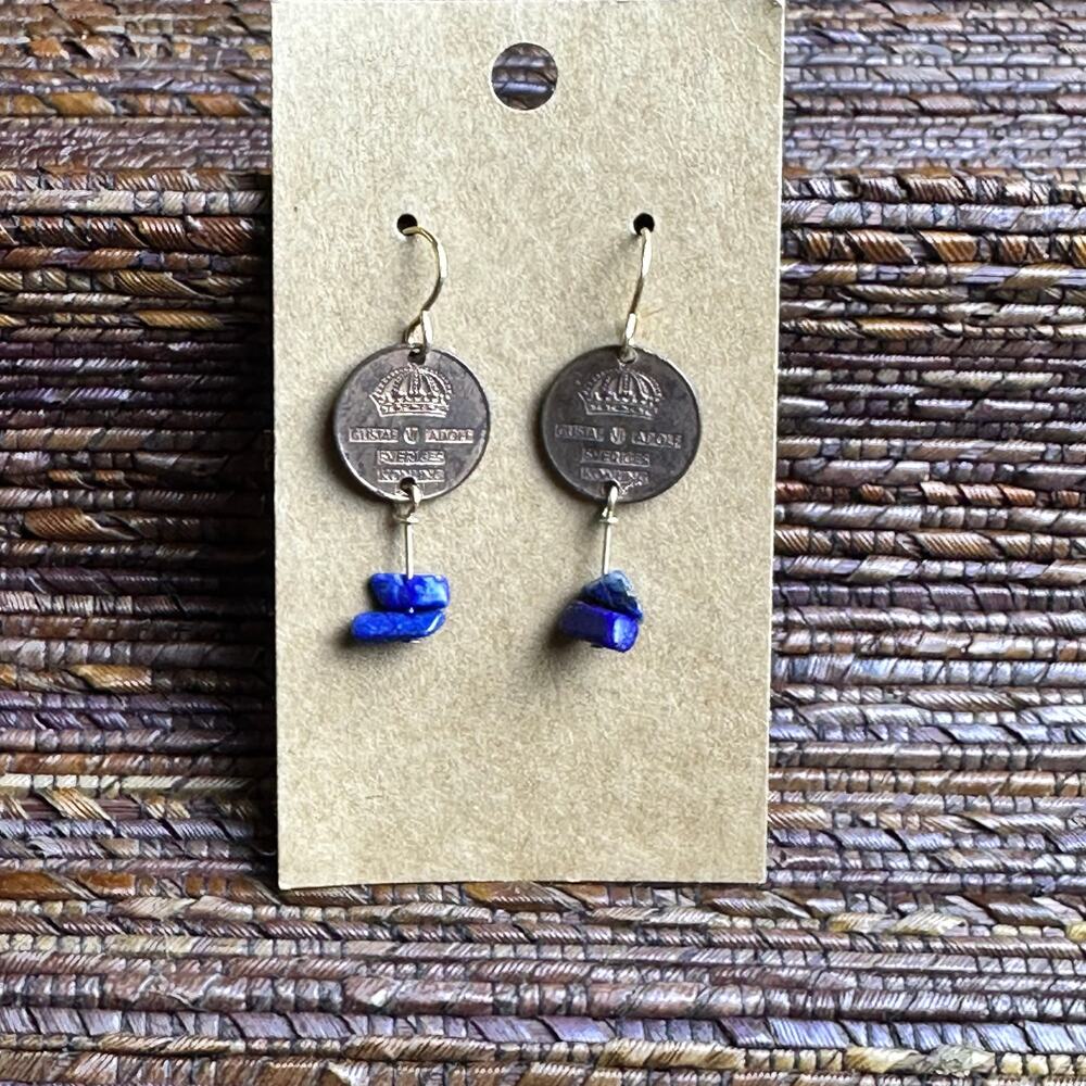 BOGO FREE Sweden Sverige 1 Ore coin earrings EOTH BLUE LAPIS STONES